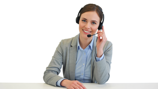 Friendly support agent smiling with headset ready to assist - Powered by Adobe