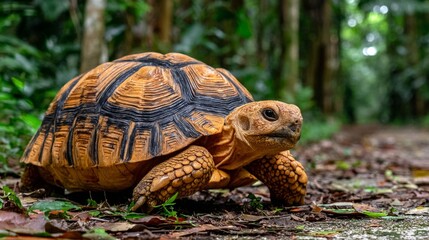 Obraz premium A close-up view of a tortoise walking on a dirt path in a lush green forest setting
