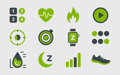 Collection of modern flat icons representing health fitness and lifestyle goals including exercise tracking sleep monitoring and progress measurement for digital applications and web design
