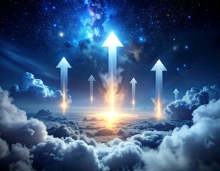 Several upward arrows pierce through clouds toward a starry space