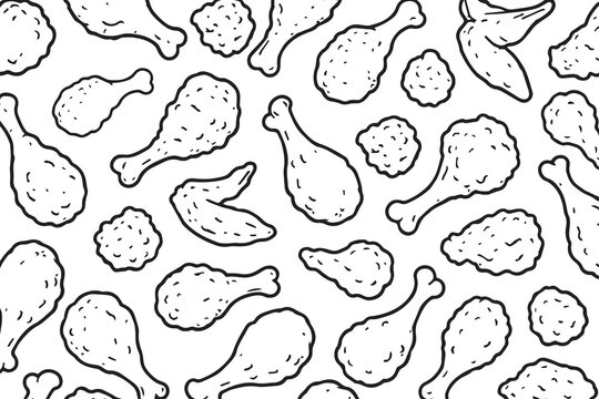 A seamless vector background pattern showing various fried chicken pieces from crunchy wings, drumsticks, arranged in a lively repeating layout that highlights delicious comfort food vibes.