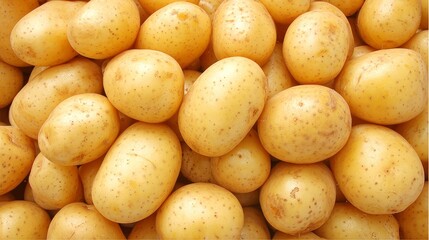 A close-up view showcasing a pile of freshly harvested, unwashed, golden potatoes