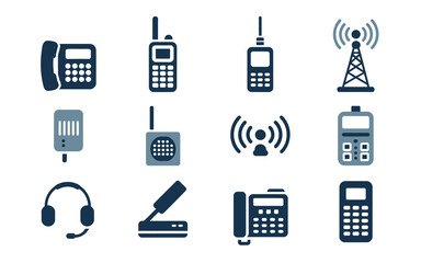 Collection of vintage and modern communication devices icons including telephones walkie talkies cell phones headphones and radio tower representing technology and connectivity