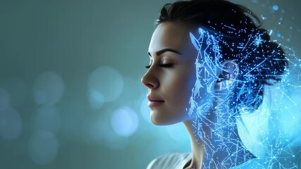 Serene young woman with closed eyes enjoying peaceful moment, surrounded by abstract blue bokeh and digital network effects. Calmness and mindfulness are visually emphasized in this tranquil scene - Powered by Adobe