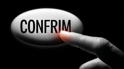 A finger presses a virtual "CONFIRM" button against a stark black background