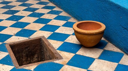 A close-up view shows a square hole in a checkerboard floor with a ceramic pot nearby