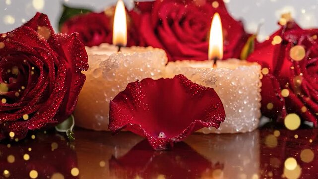 Two lit candles surrounded by vibrant red roses and a fallen petal, with sparkling bokeh.