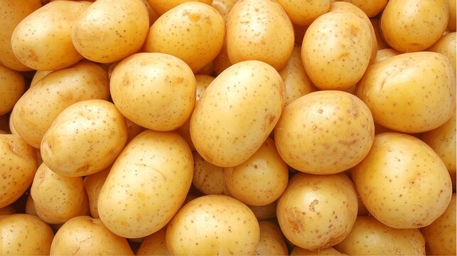 A close-up view showcasing a pile of freshly harvested, unwashed, golden potatoes