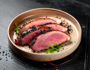 Sliced, cooked meat with black seeds and green garnish on plate