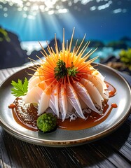 Sliced raw fish dish with decorative vegetable garnish, close-up