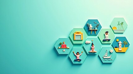 Pastel hexagon tiles with icons for meditation, yoga, travel, beach, painting, and reading on teal background. Great for wellness and lifestyle visuals.