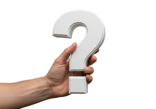 Hand holding a white question mark isolated on transparent background