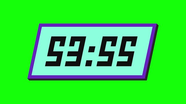 Digital countdown timer from 54 minute to 53 minute on a tilted rectangular display with a green background