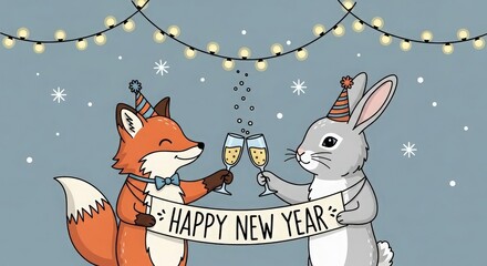 A cartoon fox and rabbit toasting to happy new year with lights and snowflakes on a blue background