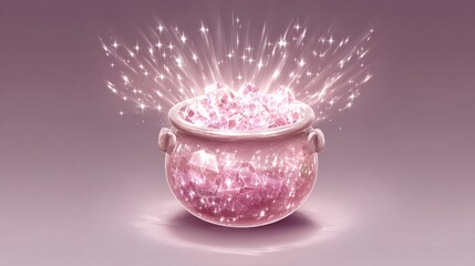 A pink cauldron filled with sparkling gemstones, radiating light against a pink backdrop
