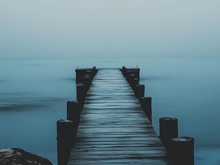 Obraz premium Misty lake pier extends into tranquil water