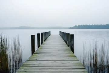 Fototapeta premium Misty lake pier. Tranquil wooden walkway extends into hazy water