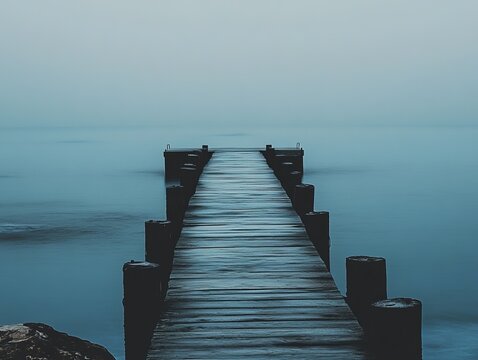 Misty lake pier extends into tranquil water - Powered by Adobe