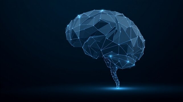 A geometric human brain rendered in blue wireframe against a dark, glowing backdrop