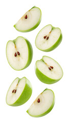 Falling green juicy apple isolated on transparent background, clipping path