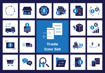 Trade Icon Set - E-commerce, Business, Money Transfer, Shipping, Logistics Flat Color Icons. Currency Exchange, Online Shopping, Delivery, Cargo, Financial Docs.