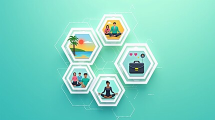 Teal hexagon tiles with icons for meditation, beach, family, self-care, and career wellness. Great for lifestyle and wellbeing visuals.