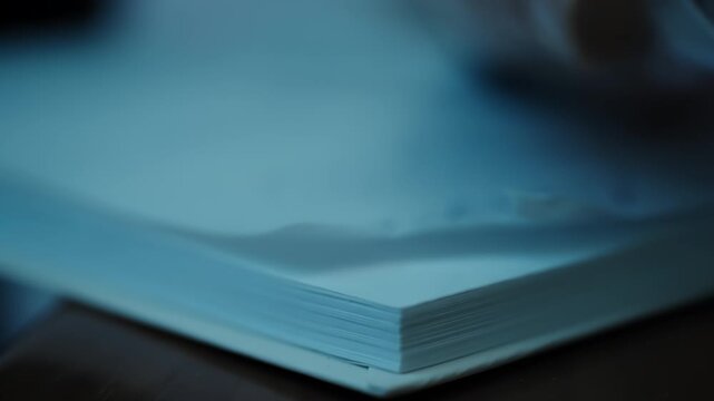 Intimate macro close-up of fingertips gently peeling and turning a single sheet from a stacked notepad on a wooden desk, revealing the tactile texture of paper under soft cool blue lighting