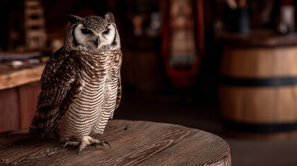 A regal owl, speckled brown, perches on a wooden surface, set against a blurred background