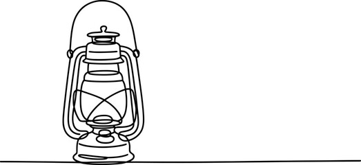 Continuous line drawing of an old-fashioned kerosene lantern, symbol of traditional light, vintage illumination, and historical design, isolated. Vector, illustration