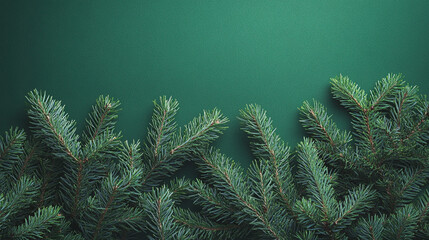 festive Christmas background with evergreen tree branches on a solid green backdrop, perfect for holiday cards, banners, and seasonal designs.