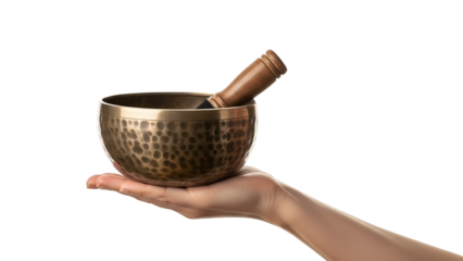 A woman's hand holding a Tibetan singing bowl made of hammered metal with a wooden stick