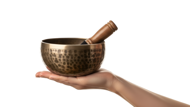 A woman's hand holding a Tibetan singing bowl made of hammered metal with a wooden stick