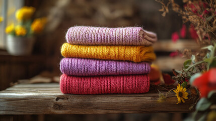 Four colorful knitted sweaters stacked on a rustic wooden table, bathed in soft indoor light, symbolizing cozy winter fashion, home comfort, seasonal warmth, and stylish casual apparel.