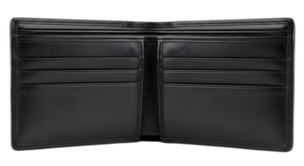 Open black leather wallet money holder cards storage fashion accessory style elegant design luxury item on transparent background