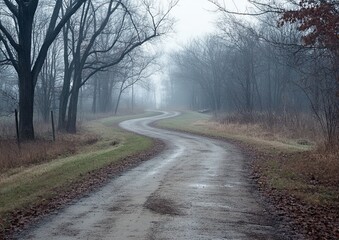 Misty, winding rural road