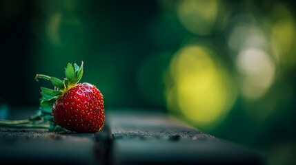 A ripe strawberry sits on a wooden surface with a soft, out-of-focus green background