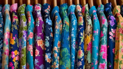 A row of colorful floral shirts hanging on a wooden rack. Variety of patterns and hues