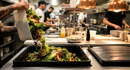 Chef preparing fresh salad in a commercial kitchen with other chefs around
