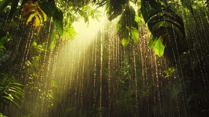 Sunbeams pierce through rain in lush green jungle canopy.