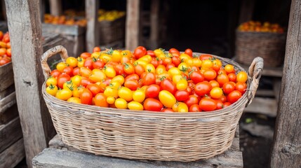 A rustic basket brimming with ripe, colorful tomatoes at a market stall
