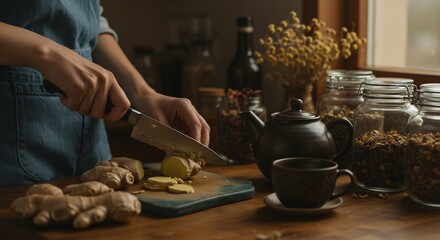 窓から差し込む温かく柔らかな自然光が全体を包み込むキッチンで新鮮な生姜を丁寧にスライスする手元 心身を癒すヘルシーな自家製ドリンクを作る穏やかな時間. AI Generated