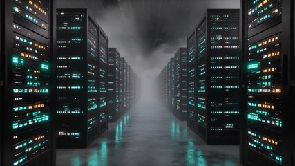 Vast Digital Data Center with Glowing Server Racks and Fog - Powered by Adobe