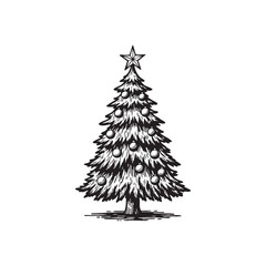 Christmas tree sketch vector illustration. Hand drawn black and white pine tree with star and ornaments. Vintage woodcut style isolated holiday decoration.
