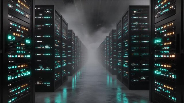 Vast Digital Data Center with Glowing Server Racks and Fog
