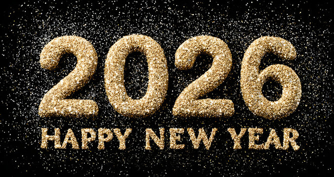 2026 We wish you Happy New Year modern golden trendy bold design numbers with line neon numbers over and glitter sparkle firework abstract gold white black greeting card