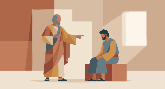 Nathan Confronts David
Bible Story
Nathan pointing toward David with calm authority, geometric draped shapes, soft clay palette, minimal interior.