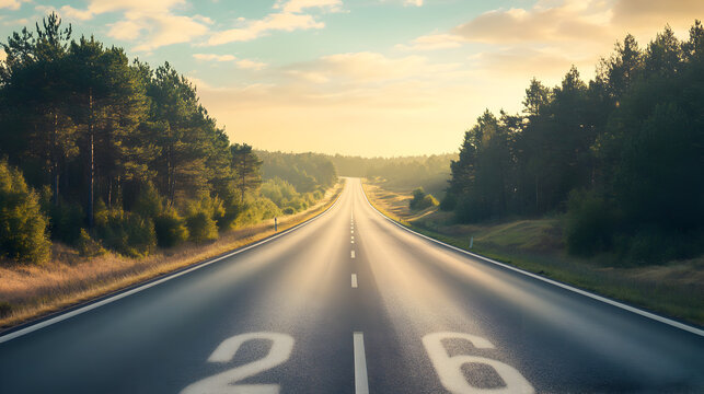 A long straight road with the number two sixteen painted on it leading to the horizon and trees