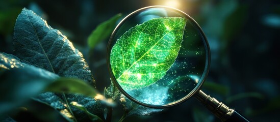 Magnifying glass over a glowing green leaf.