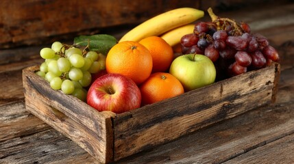 A rustic wooden crate overflowing with a colorful assortment of fresh, ripe fruits on a wood surface