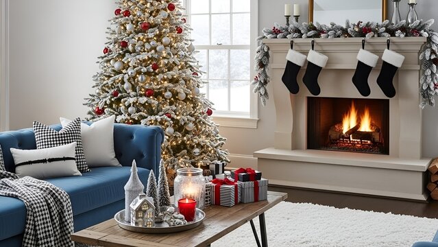 Beautiful interior of a Christmas setting with a Christmas tree, a blue sofa, and festive decorations and accessories. blak and wait and red